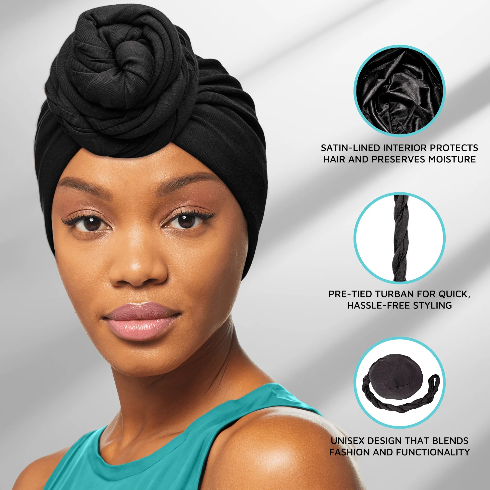 KISS Colors & Care Premium Satin-Lined Halo Turban & 2 Wave Cap, Black - Image 10