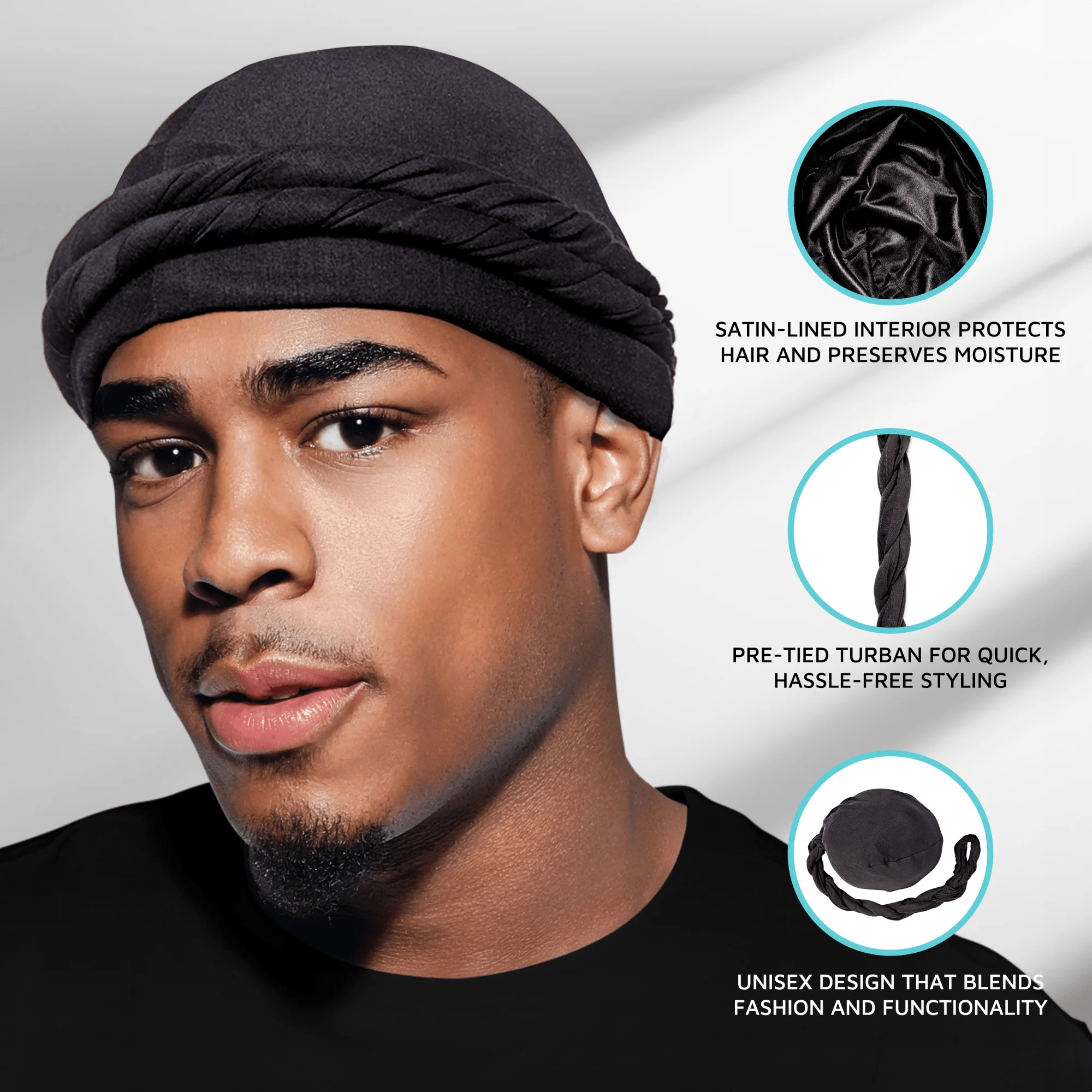 KISS Colors & Care Premium Satin-Lined Halo Turban & 2 Wave Cap, Black - Image 7