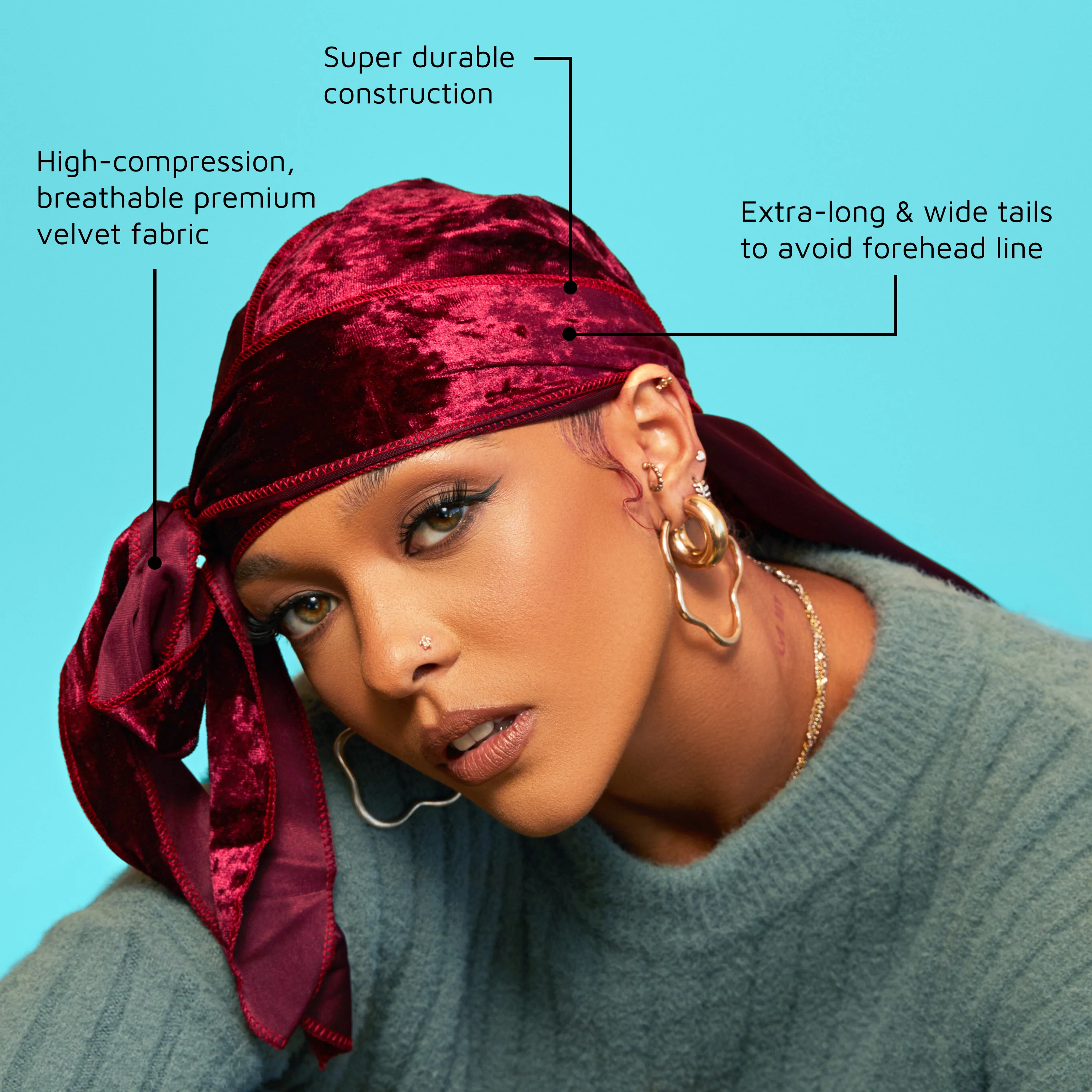 KISS Colors & Care Compress-Rag Power Wave Luxe Velvet Durag, Black - Image 7