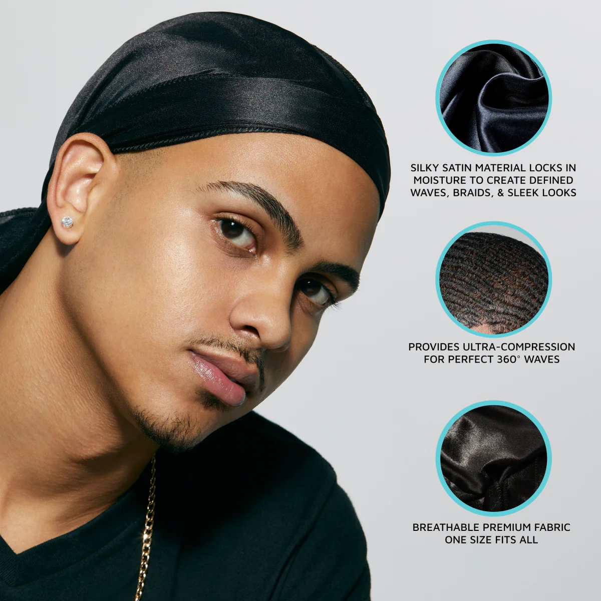 KISS Colors & Care Power Wave Silky Satin Pattern Durag - Black/Gold - Image 7