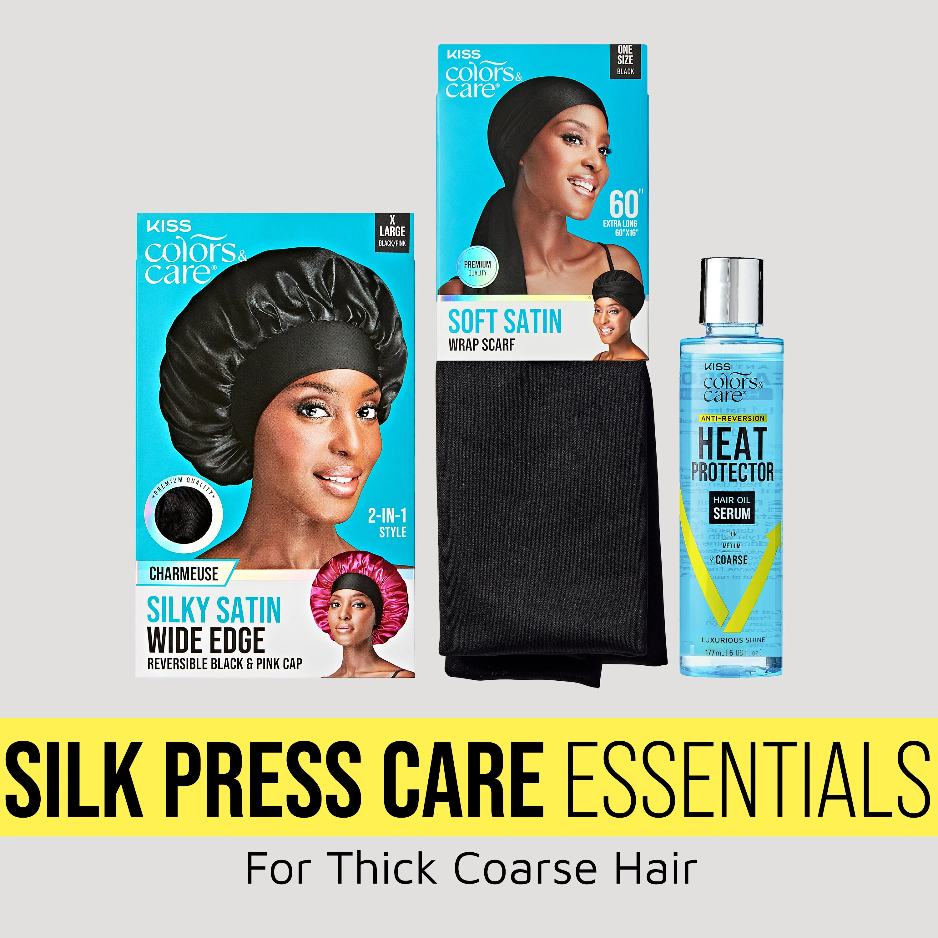 KISS Colors & Care Silk Press Care Essentials Bundle - Hair Oil Serum