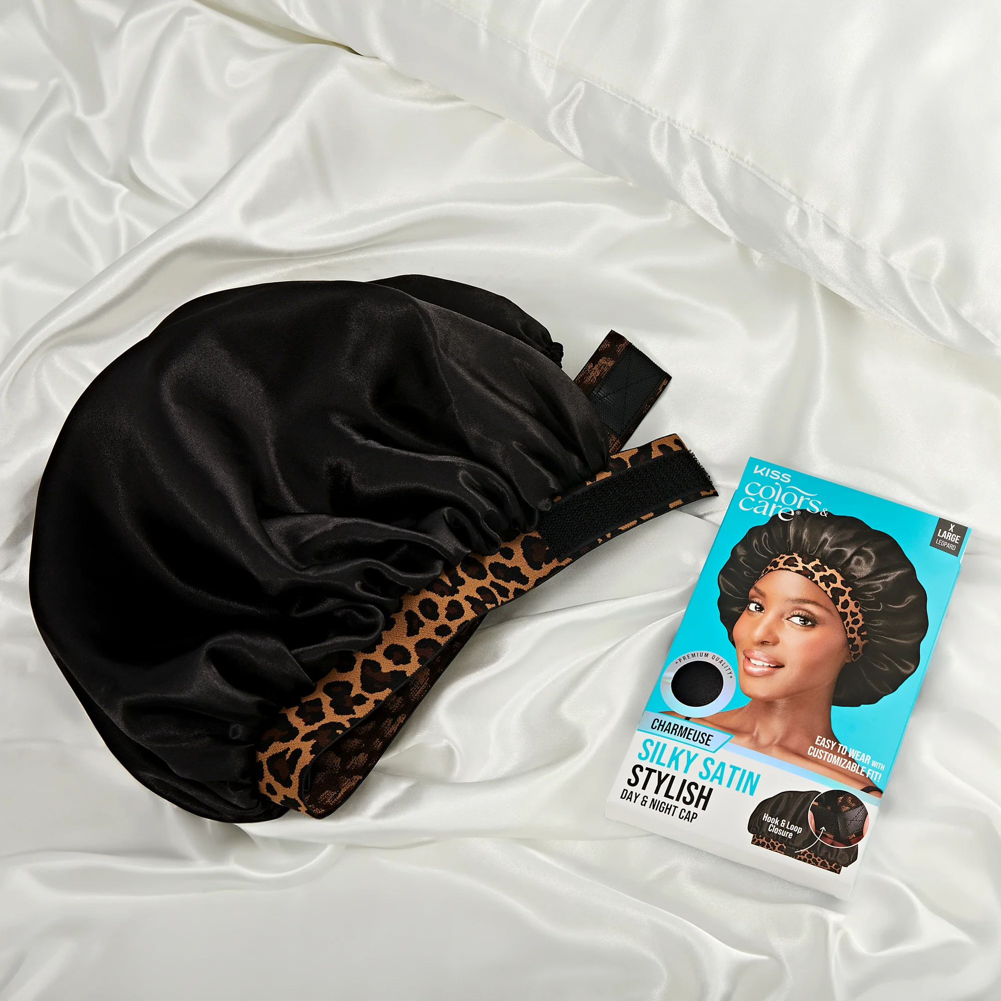 KISS Colors & Care Silky Charmeuse Satin Stylish Day & Night Cap - Black & Leopard - Image 9