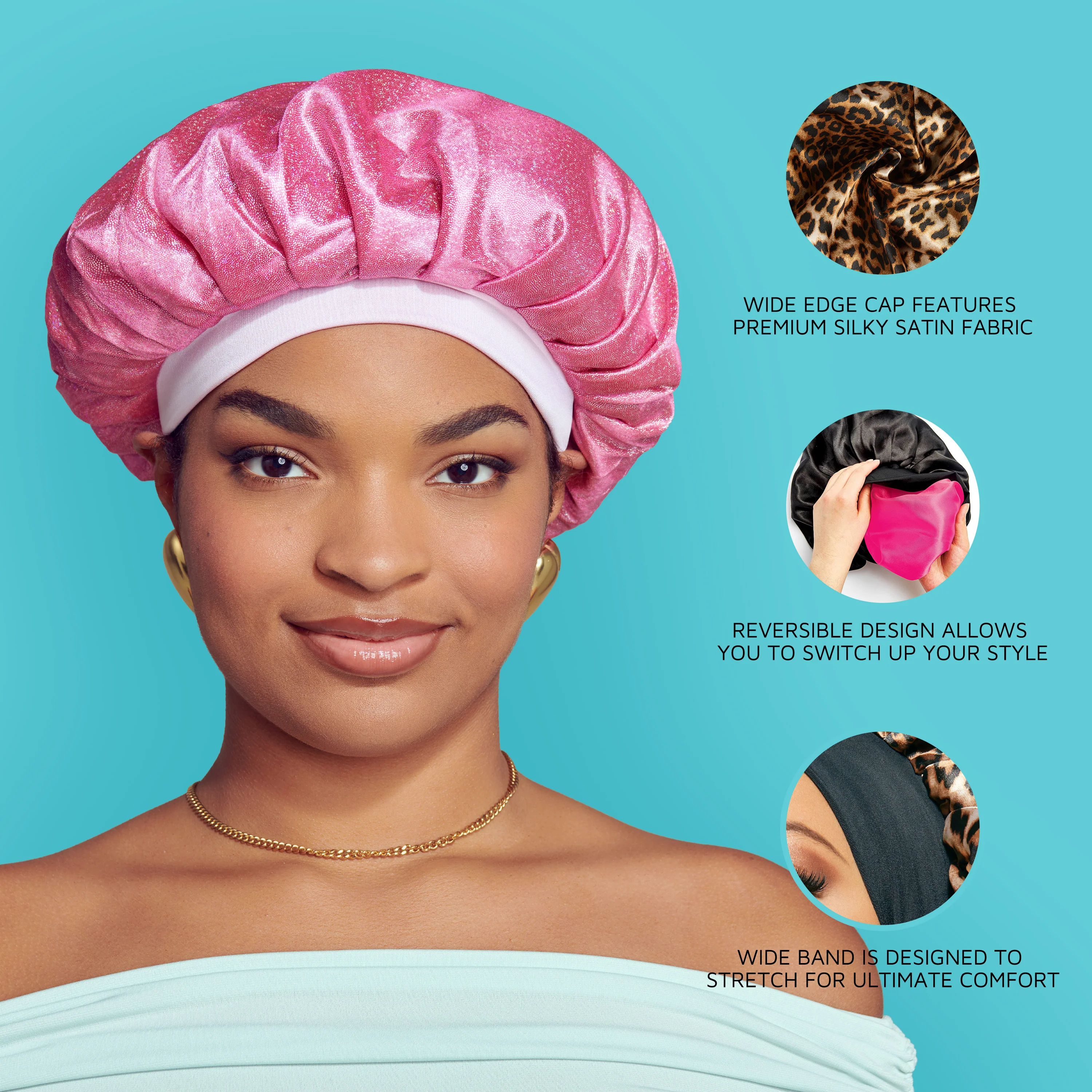 KISS Colors & Care Glamour Glitter Bonnet Cap, XL - Pink Pearl - Image 5