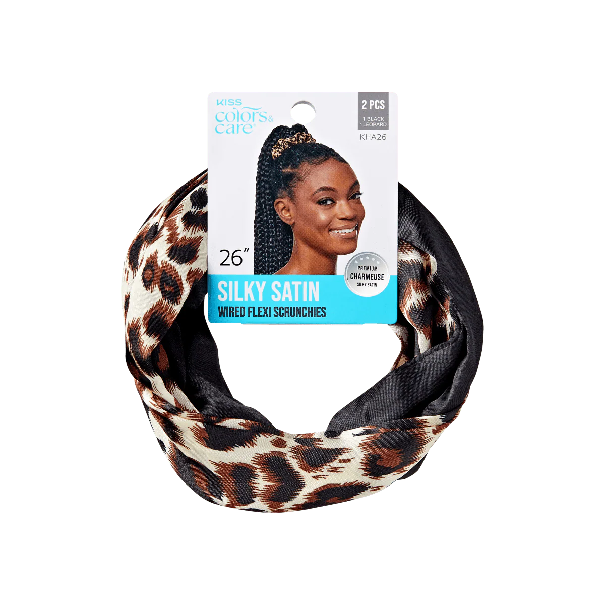 KISS Colors & Care Silky Satin Flex Wired Scrunchies – Black/Leopard